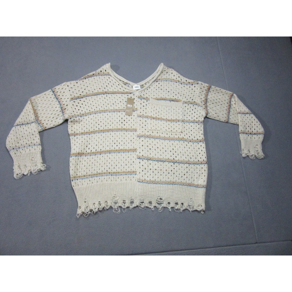 BKE Buckle Sweater Womens XS Beige Striped Eyelets Knit V Neck Destructed Fray
